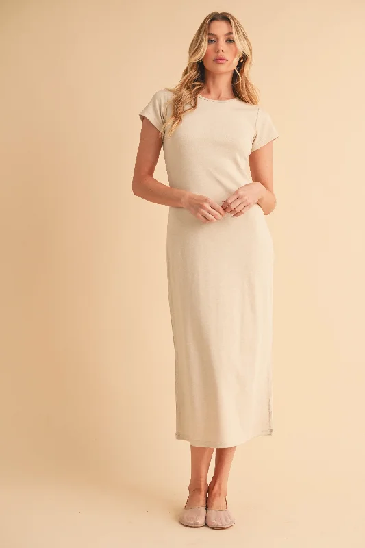 Cream Basic Crewneck Midi Dress