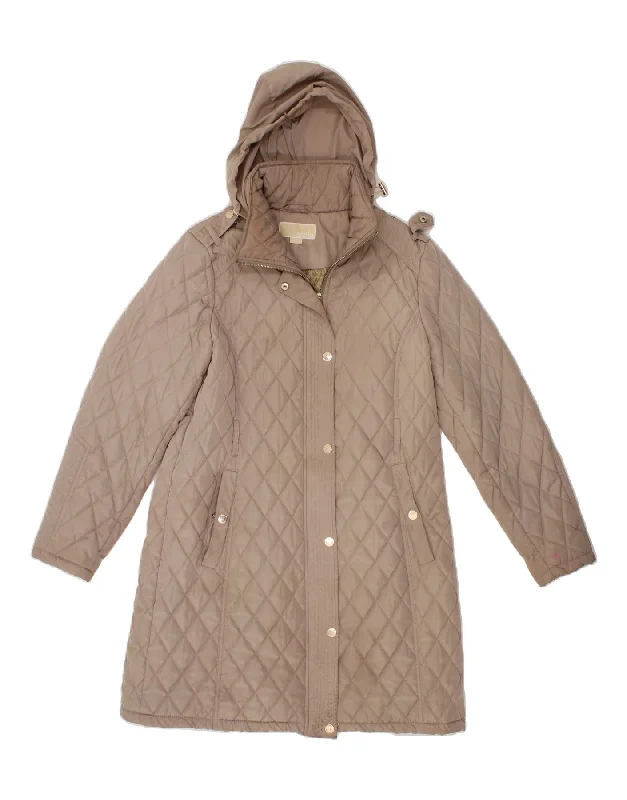 MICHAEL KORS Womens Hooded Quilted Overcoat UK 14 Large Beige Polyester