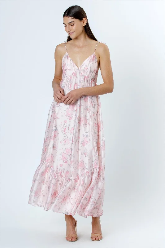 Pink Floral Satin Ruffle Hem Maxi Dress