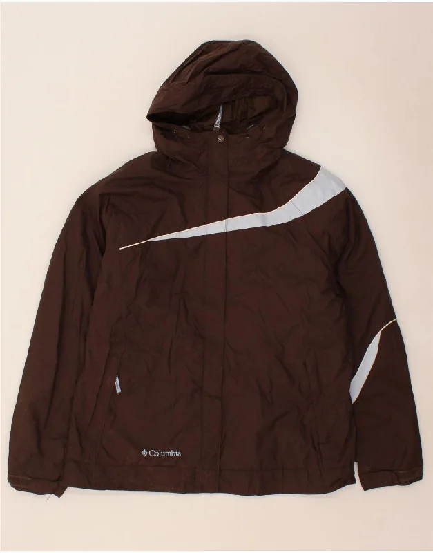 COLUMBIA Womens Hooded Rain Jacket UK 16 Large Brown Colourblock Nylon