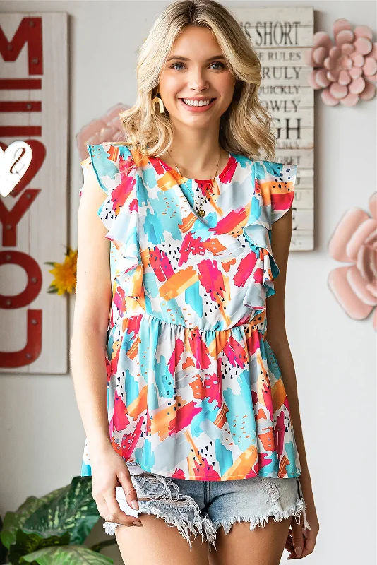 Printed Round Neck Ruffled Peplum Top