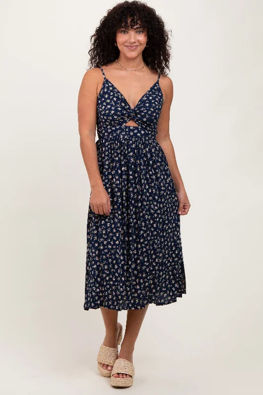 Navy Floral Twist Front Cut Out Midi Dress