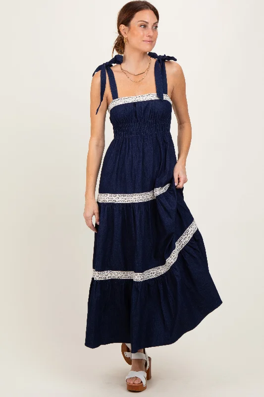 Navy Lace Trim Sleeveless Maxi Dress