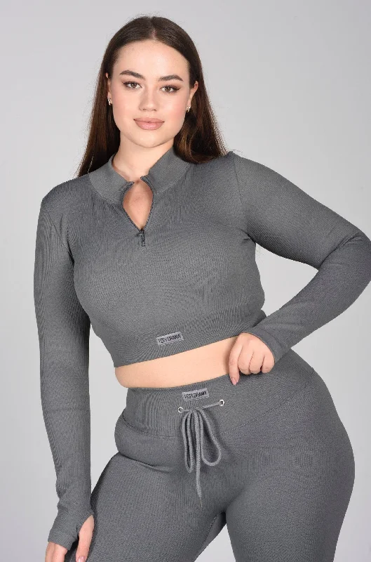 Focused Ribbed Long Sleeve Top - Grey