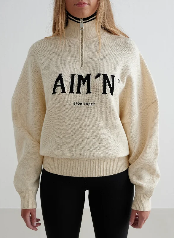 Almond White College Knitted Half Zip