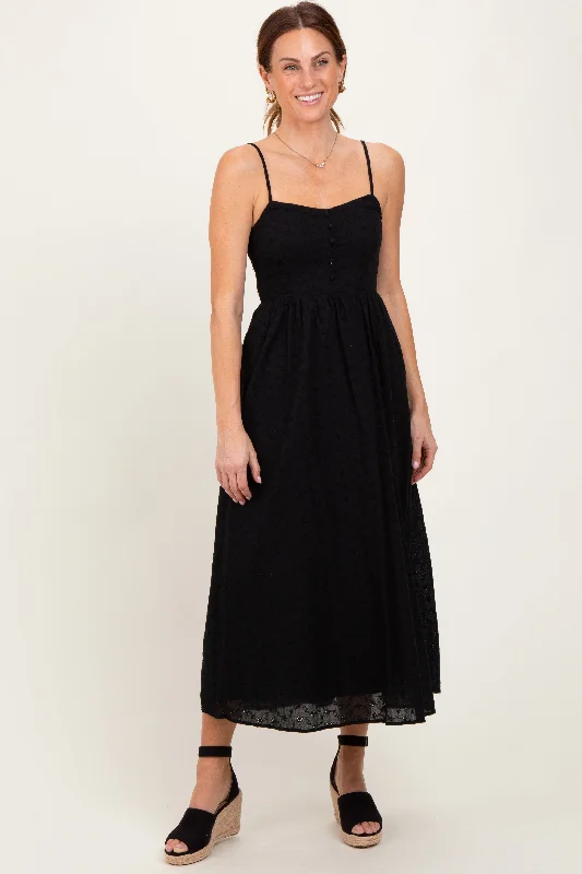 Black Eyelet Front Button Sleeveless Midi Dress