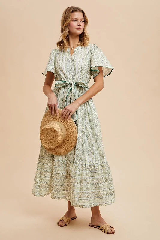 Green Floral Flutter Sleeve Waist Tie Maxi Dress