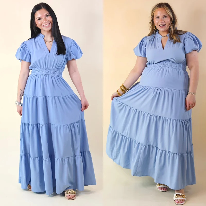 Table for Two Tiered Maxi Dress with Puff Sleeves in Chambray Blue