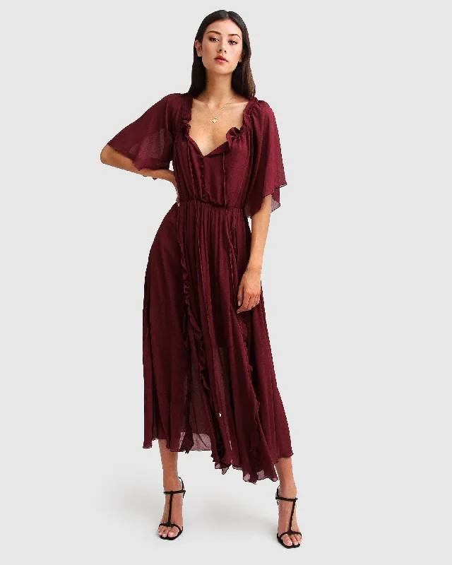 Amour Amour Ruffled Midi Dress - Burgundy