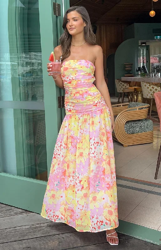 Sinclair Yellow Floral Print Strapless Maxi Dress