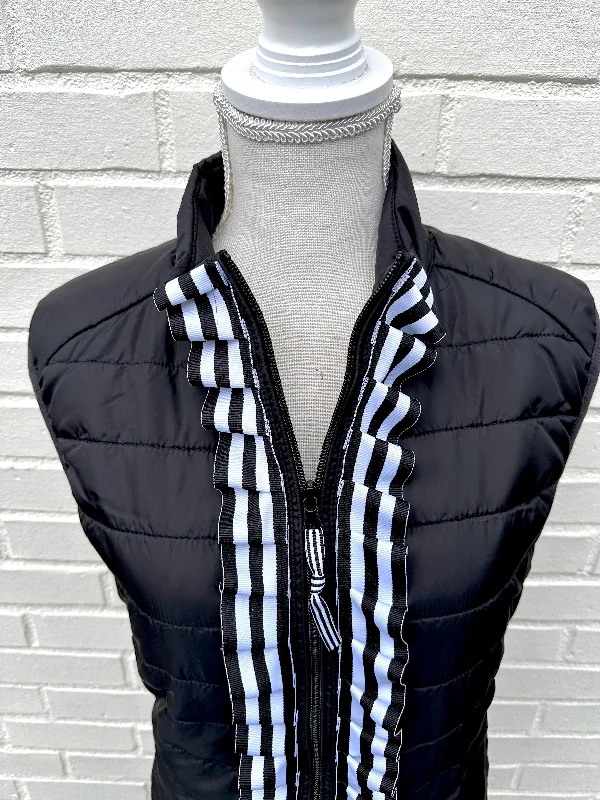 Maggie May Ruffled Ribbon Puffer Vest Black w Black White Stripe (PF40)