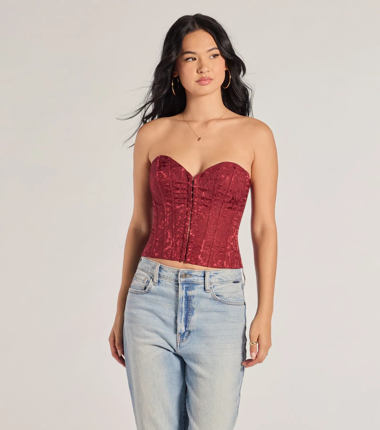 Chic Status Brocade Satin Strapless Corset Top