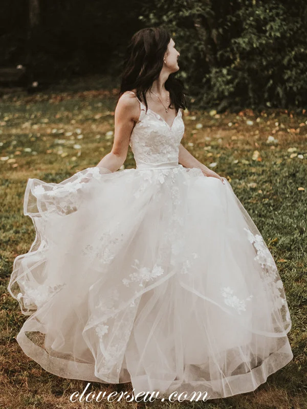 Charming Lace Ivory Tulle V-neck A-line Wedding Dresses , CW0055