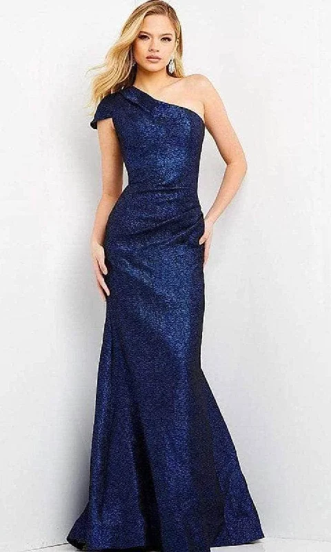 Jovani - 06751SC Asymmetric One Shoulder Cap Sleeve Evening Dress - 1 pc Cobalt in Size 8 Available