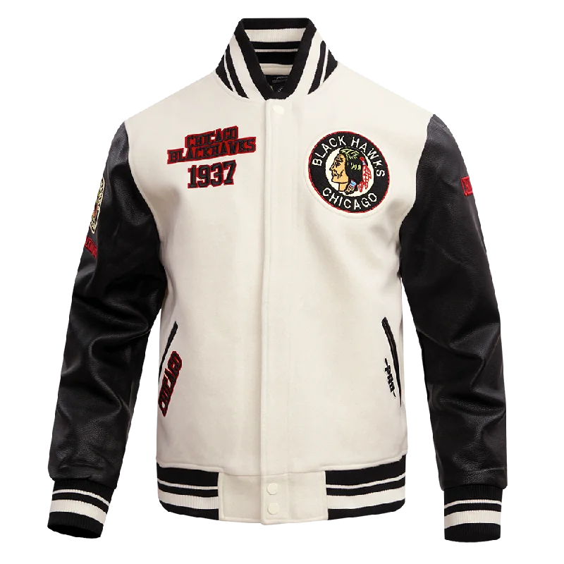 NHL CHICAGO BLACKHAWKS RETRO CLASSIC MEN'S RIB WOOL VARSITY JACKET (EGGSHELL/ BLACK)