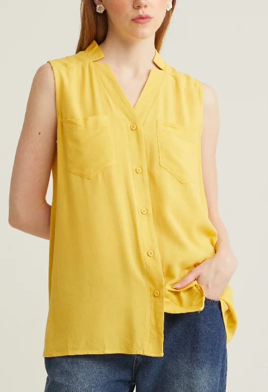 Button Up V-Neck Sleeveless Top