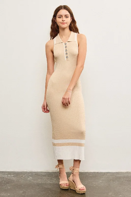 Beige Knit Colorblock Stripe Sleeveless Polo Dress