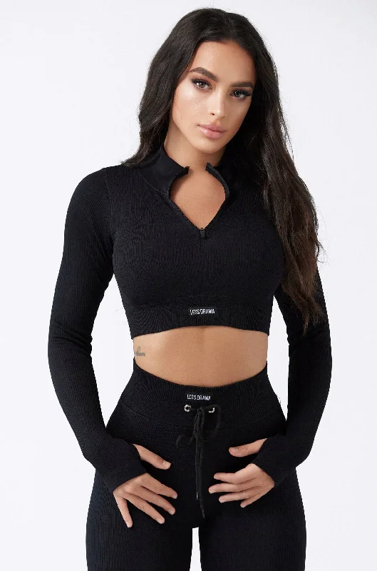 Focused Ribbed Long Sleeve Top - Black