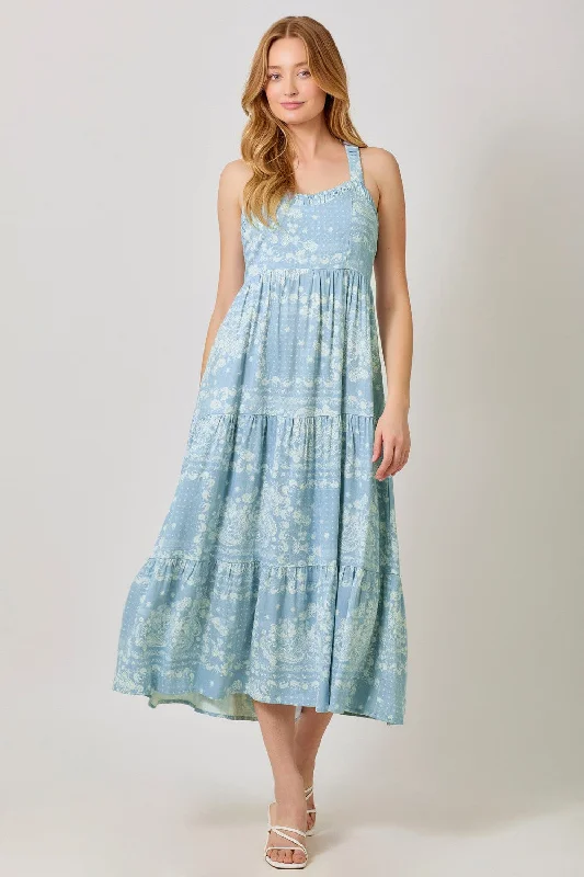 Light Blue Floral Tiered Crisscross Back Midi Dress