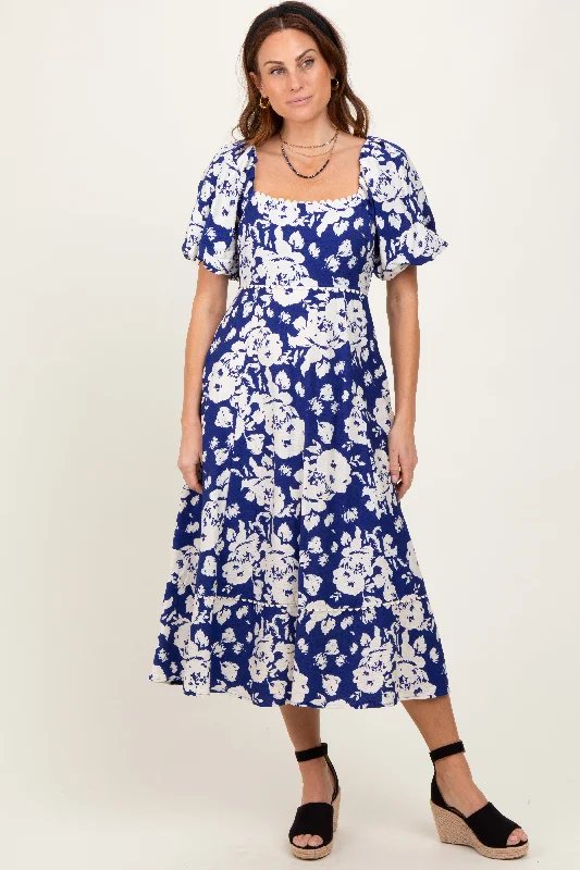 Navy Floral Scallop Trim Puff Sleeve Midi Dress