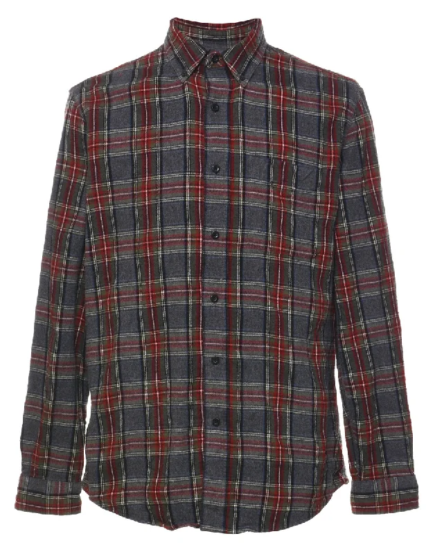 L.L. Bean Dark Grey & Maroon Flannel Checked Shirt - M