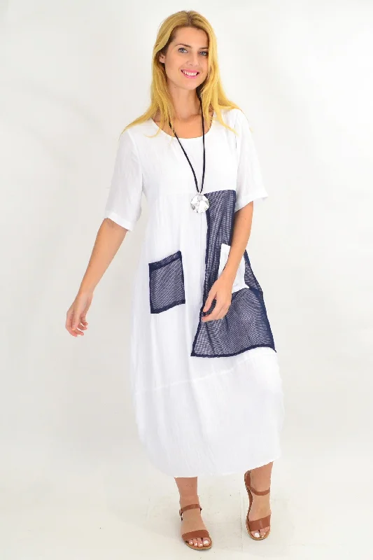 White Linen Blend Net Pocket Tunic Dress