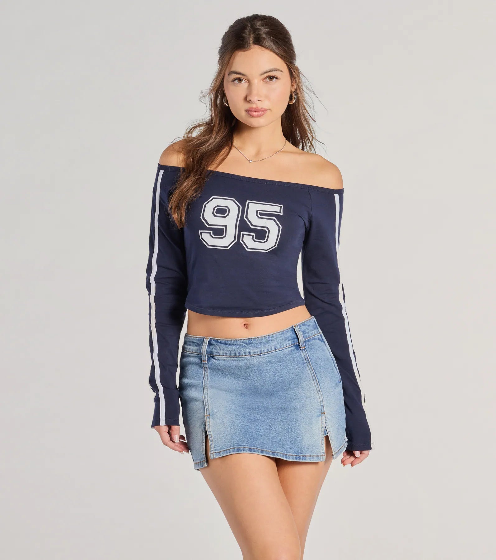 95 Graphic Off-The-Shoulder Striped Crop Top