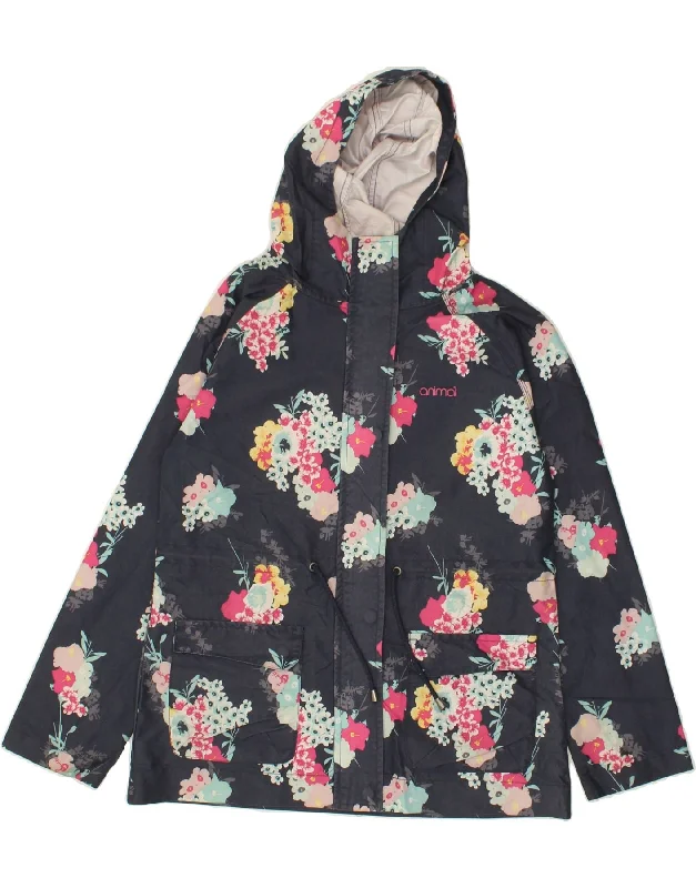 ANIMAL Womens Hooded Windbreaker Jacket UK 10 Small Navy Blue Floral