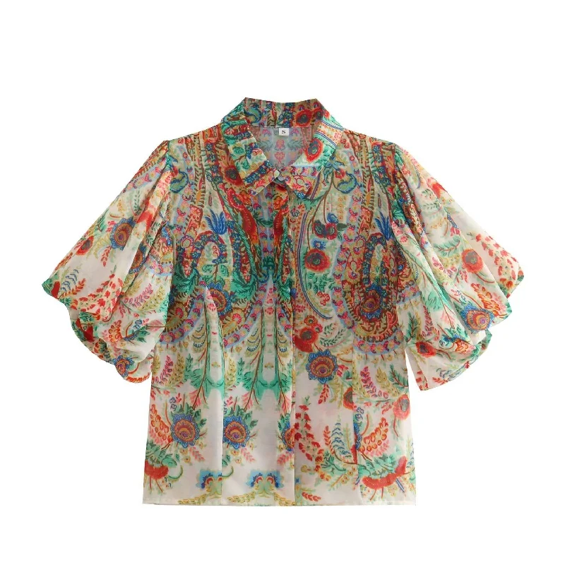 Lapel Print Chiffon Puff Sleeve Shirt