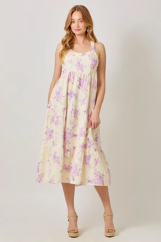 Cream Floral Tiered Crisscross Back Midi Dress