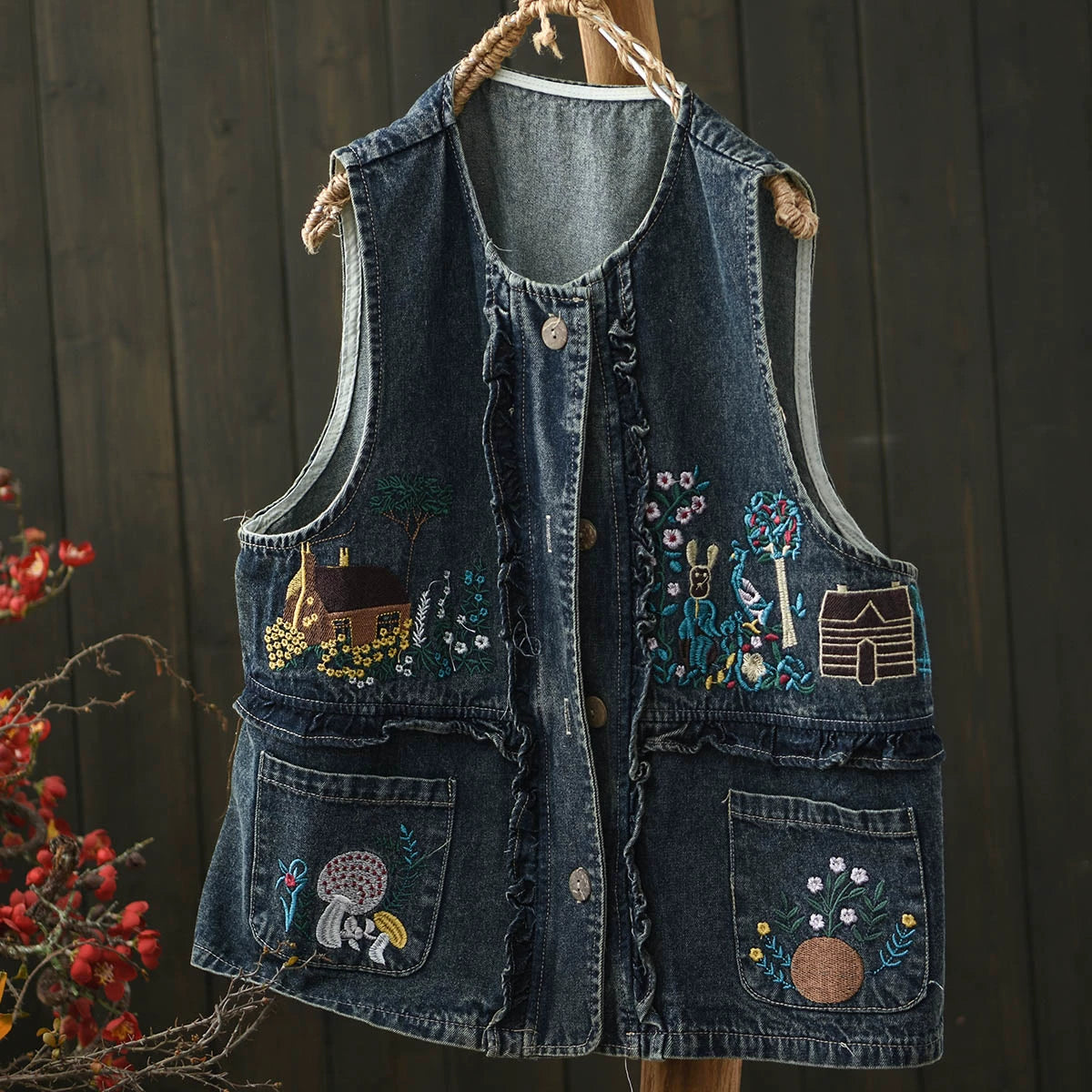 Women Spring Vintage Embroidered Button-Up Denim Vest