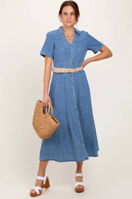 Blue Chambray Button Down Midi Shirt Dress