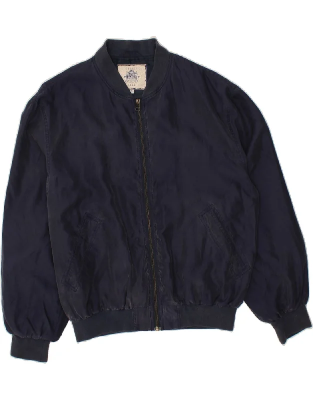 VINTAGE Womens Oversized Bomber Jacket UK 10 Small Navy Blue Silk