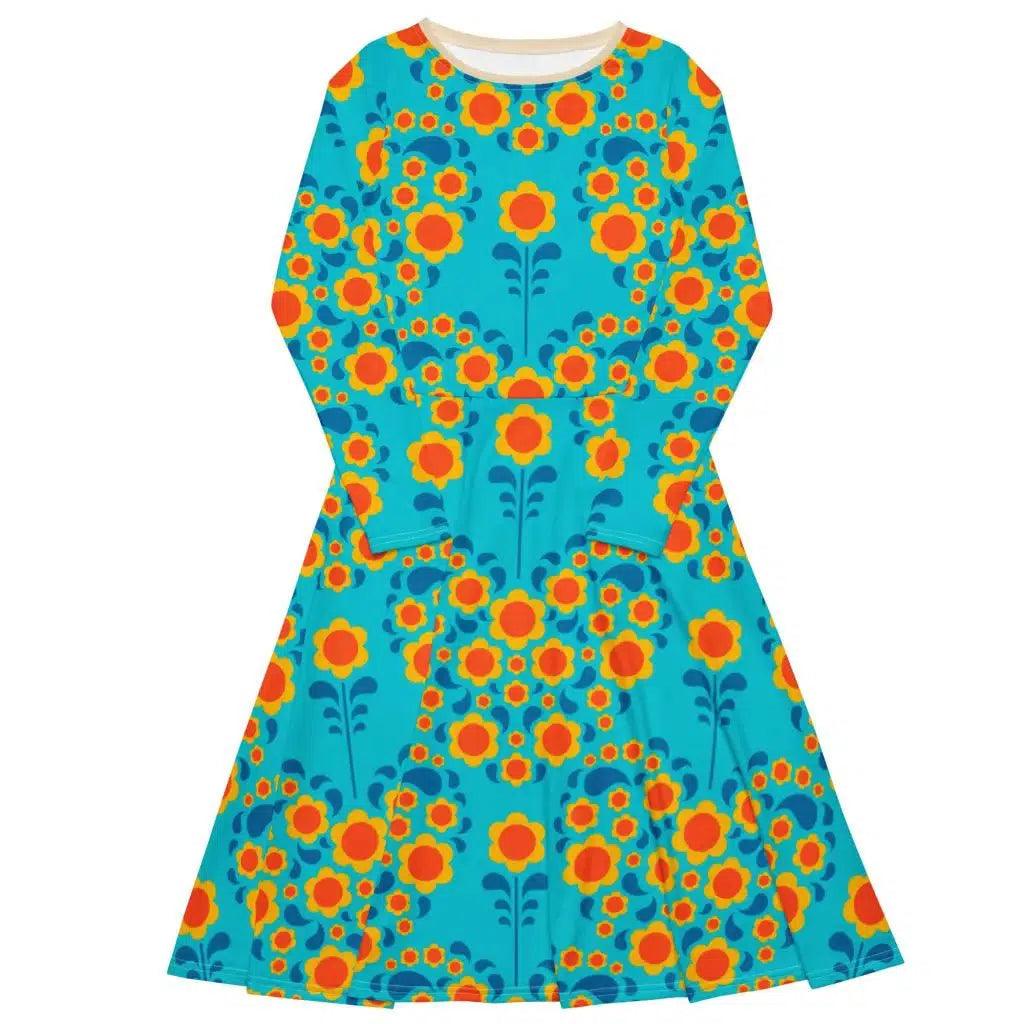 HEARTBEAT orange blue - Midi dress with long sleeves and pockets