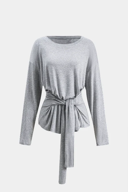 Ruched Tie Front Long-Sleeve Top