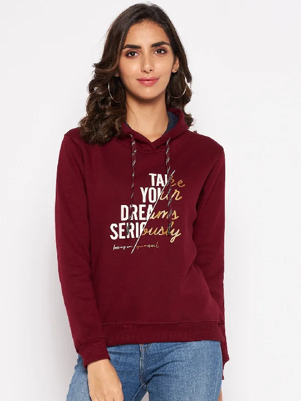 Women's Casual  Maroon Regular Full Sleeve Pullover Hoodie Sweatshirt