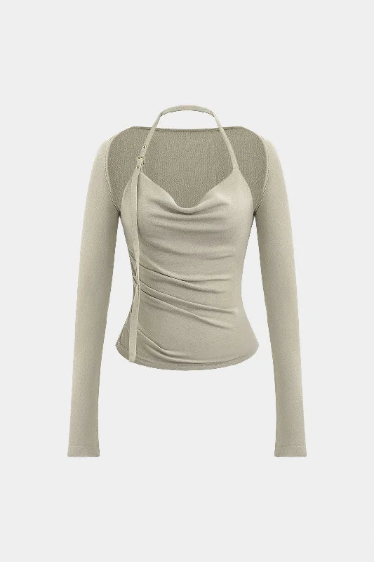 Ruched Tie-Up Long-Sleeve Top