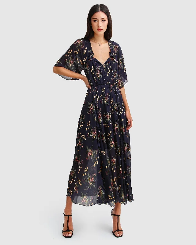 Amour Amour Ruffled Midi Dress - Navy