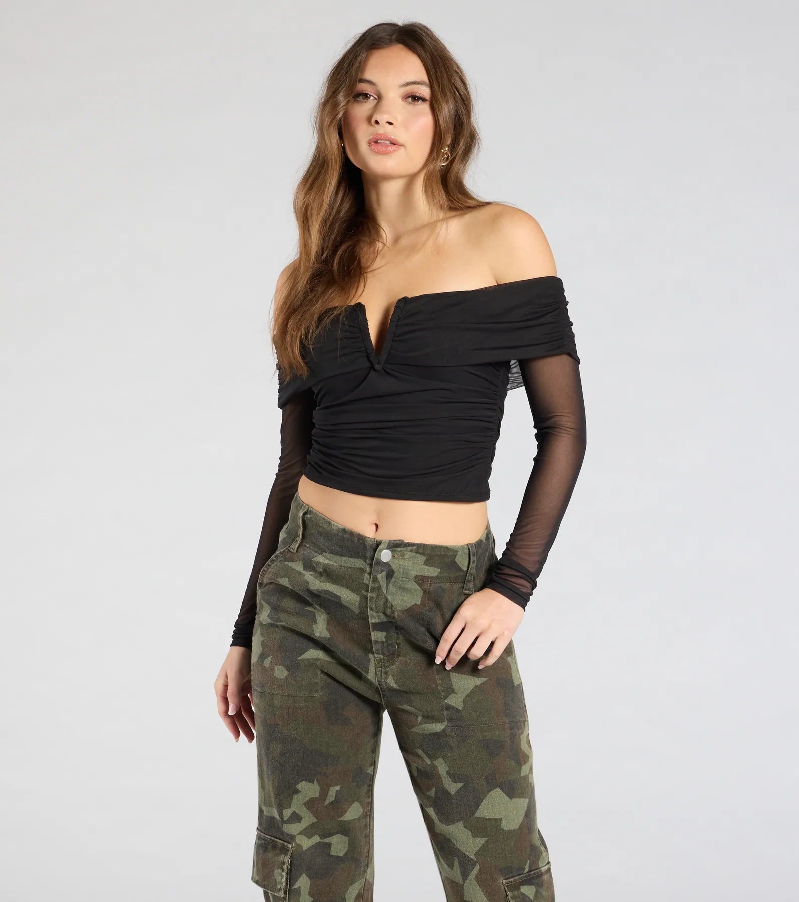 Desirable Sensation Off-The-Shoulder Mesh Crop Top