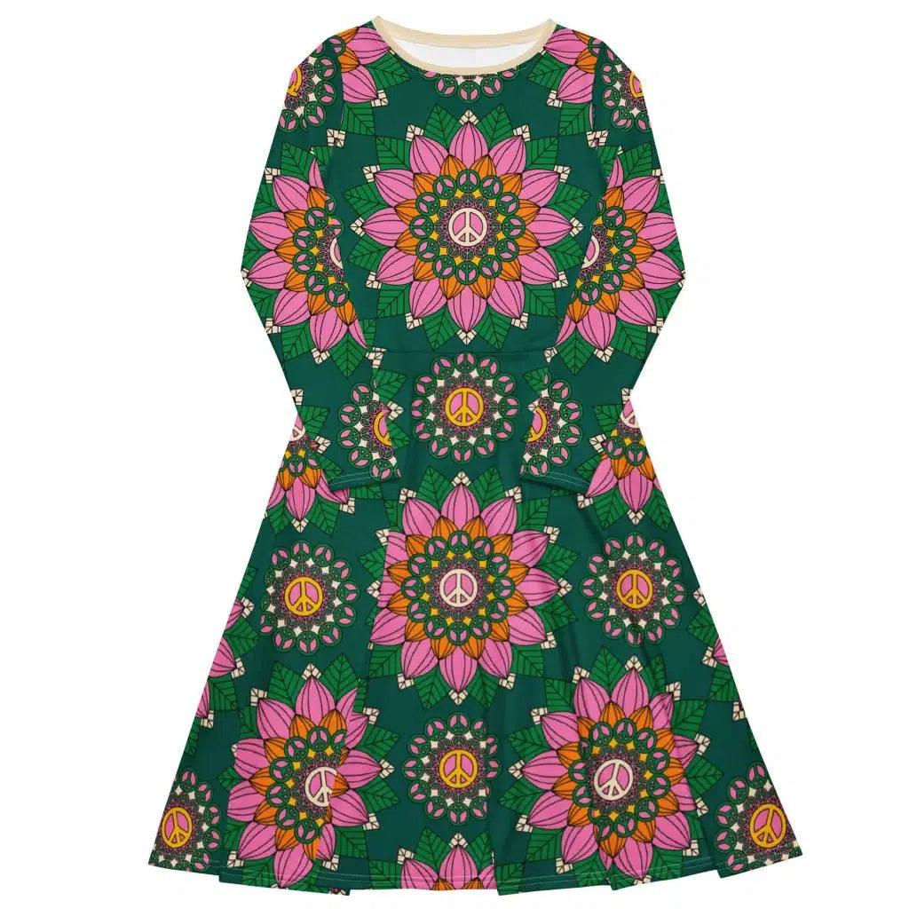 BLOOM WITH PEACE pink green - Midi dress with long sleeves and pockets