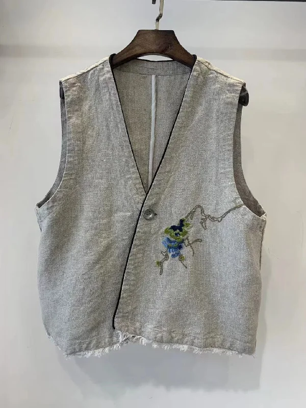 Women Vintage Embroidered V-Neck Frayed Linen Vest