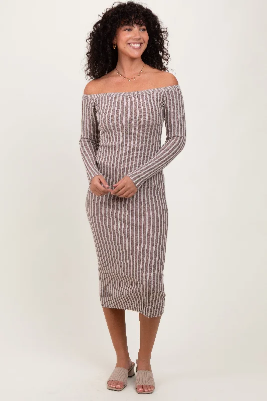 Taupe Striped Off Shoulder Midi Sweater Dress