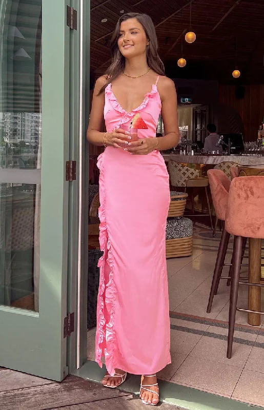 Nahanee Pink Satin Ruffle Maxi Dress