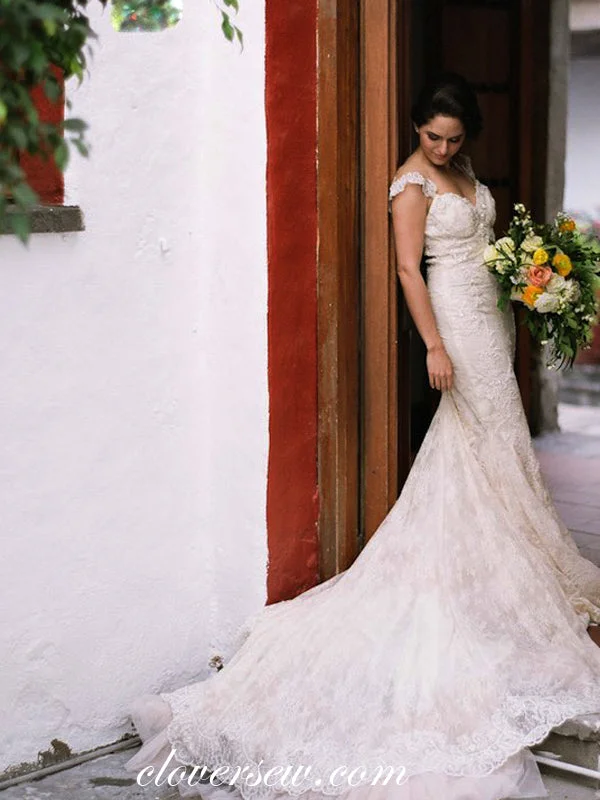 Dark Ivory Lace Tulle Bead Illusion Back Mermaid With Train Wedding Dresses, CW0062